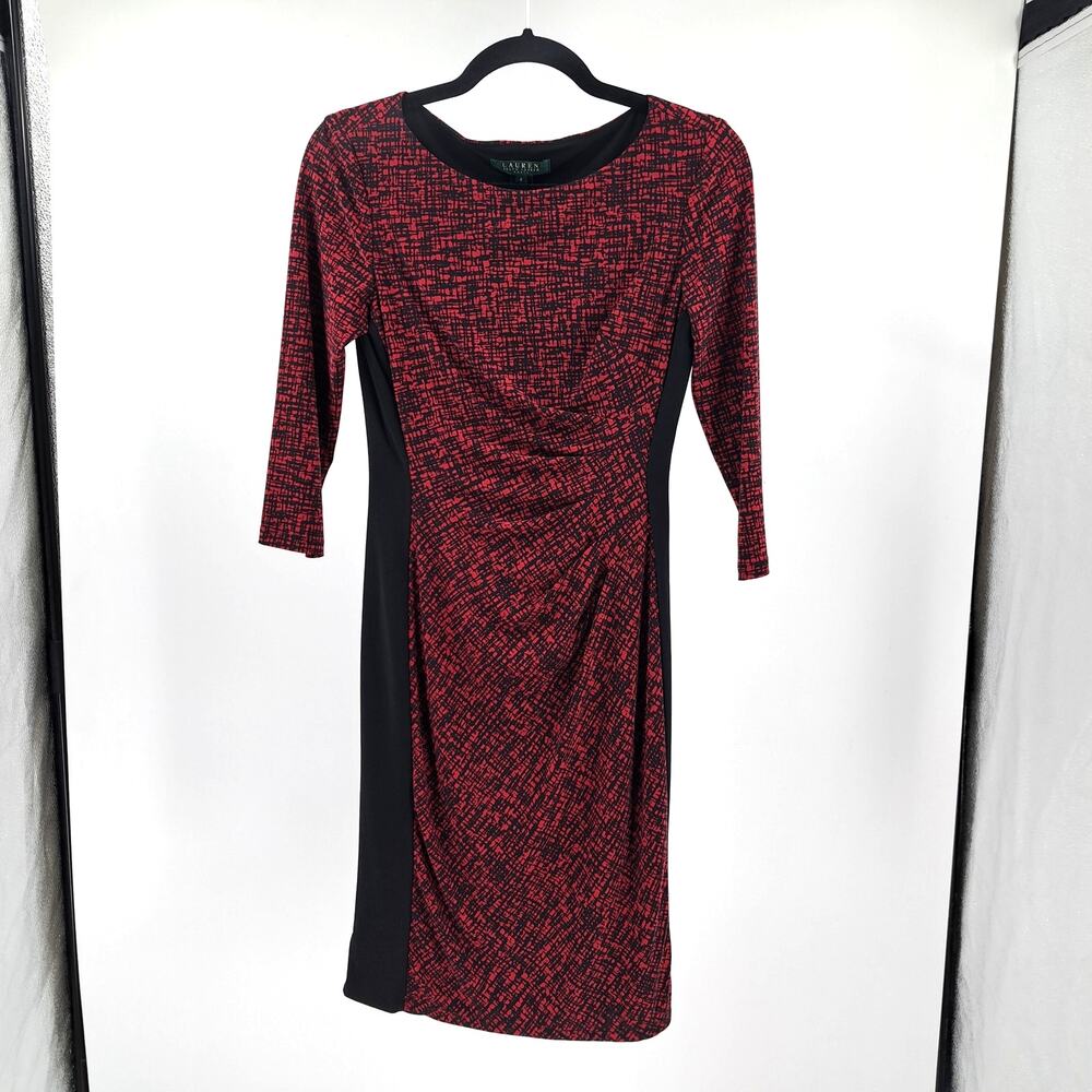 Lauren Ralph Lauren Womens‎ Sheath Dress 2 Printed Ruched 3/4 Sleeve Red Black